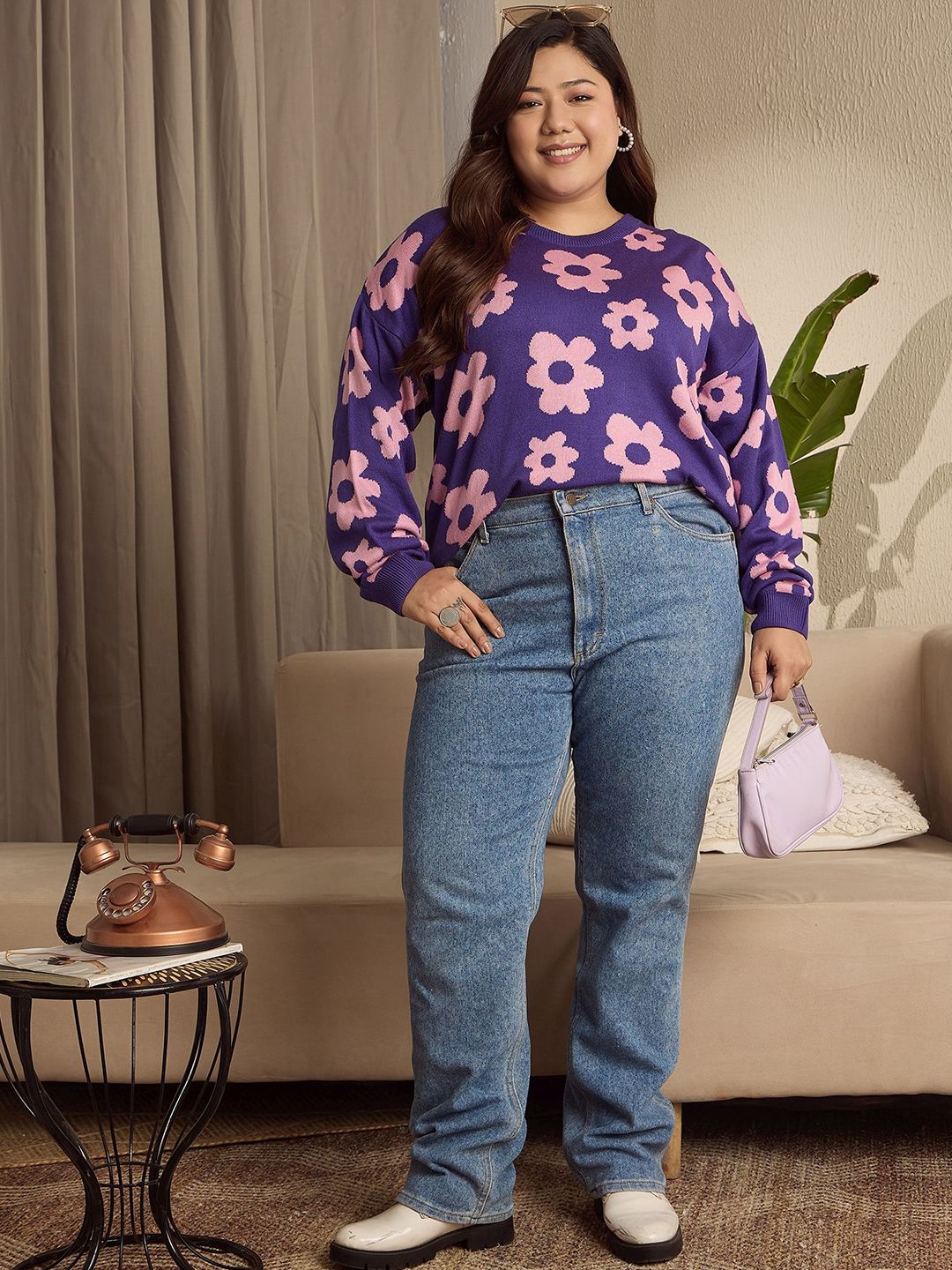 Berrylush Curve Women Floral Printed Round Neck Long Sleeves Plus Size Pullover