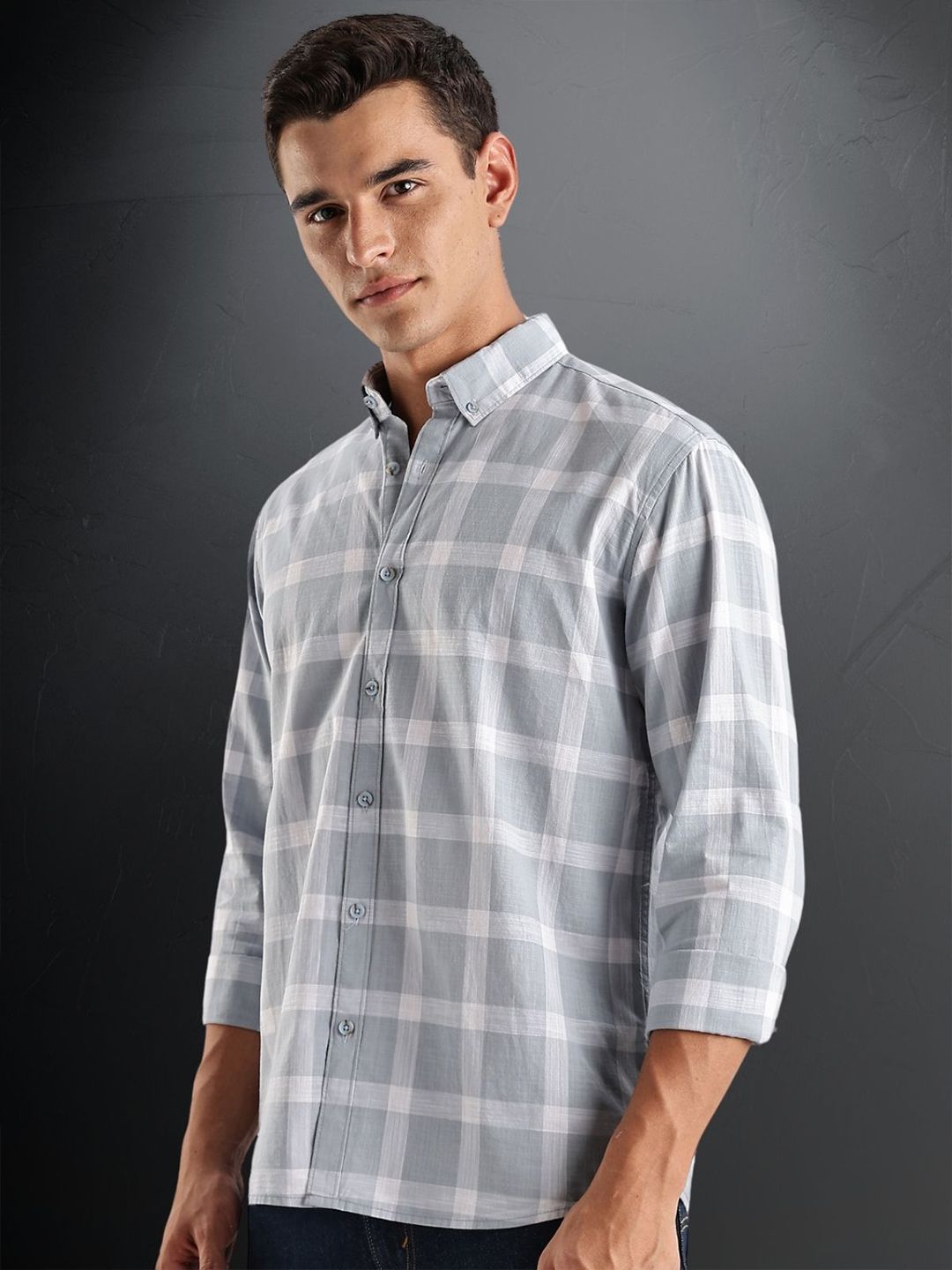 ADRO Tartan Checked Spread Collar Long Sleeves Cotton Casual Shirt