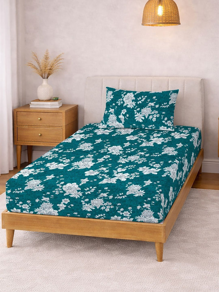 KLOTTHE Hijau & Putih Bercetak 300 TC Cadar Single Dengan Sarung Bantal- 2.25 m x 1.5 m