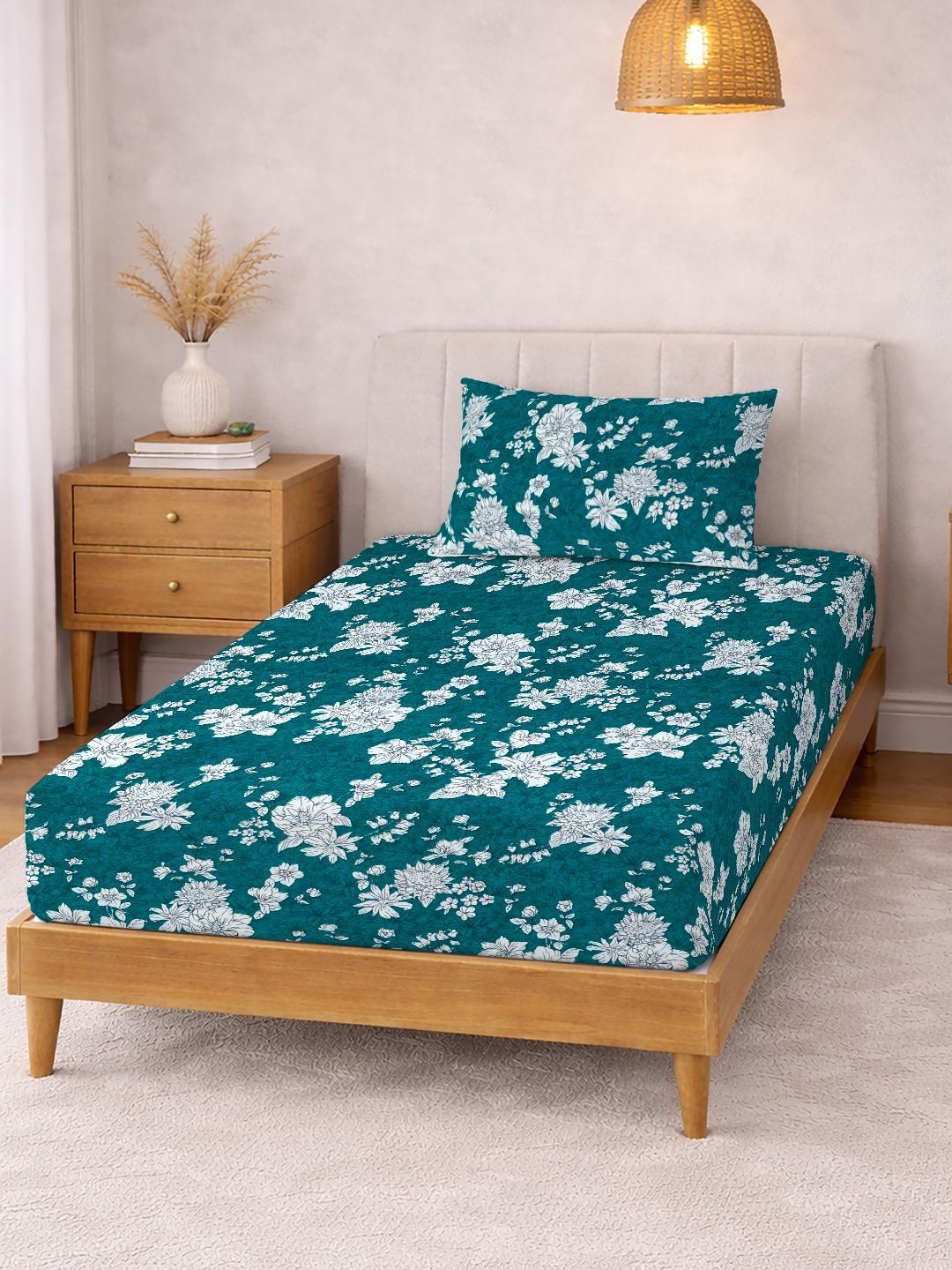KLOTTHE Hijau & Putih Bercetak 300 TC Cadar Single Dengan Sarung Bantal- 2.25 m x 1.5 m