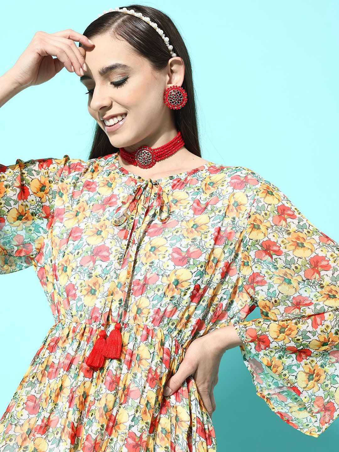 Indo Era Floral Print Tie-Up Neck Puff Sleeve Georgette A-Line Dress