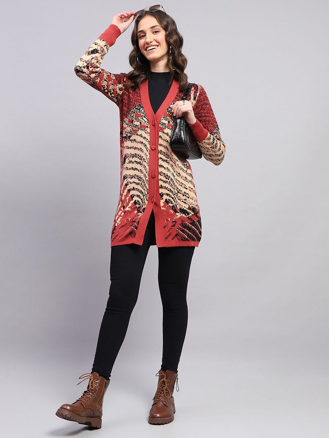 Monte Carlo Women Self Design V-Neck Long Sleeves Woollen Cardigan