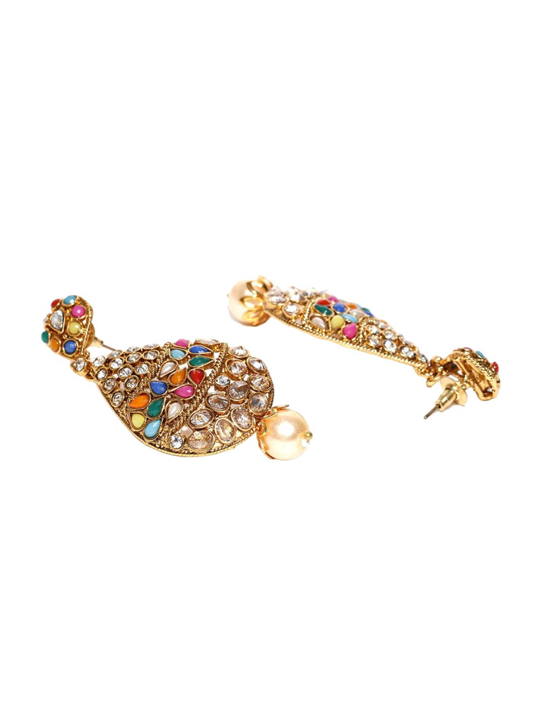 Anouk Pink Gold-Plated Stone Studded & Beaded Teardrop Shaped Drop Earrings