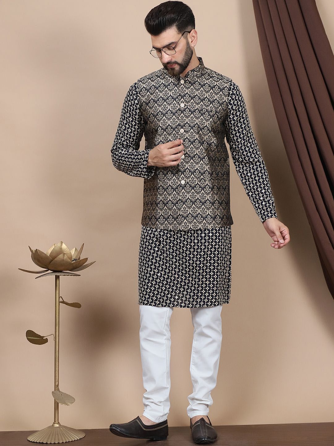 Anouk Geometric Embroidered Pure Cotton Straight Kurta With Churidar & Nehru Jacket