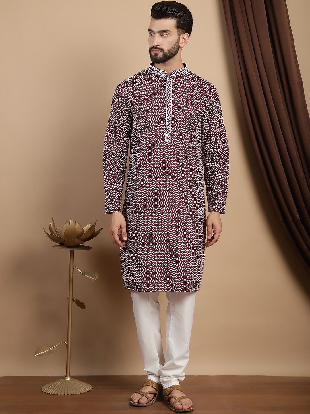Anouk Embroidered Thread Work Cotton Mandarin Collar Straight Kurta with Churidar