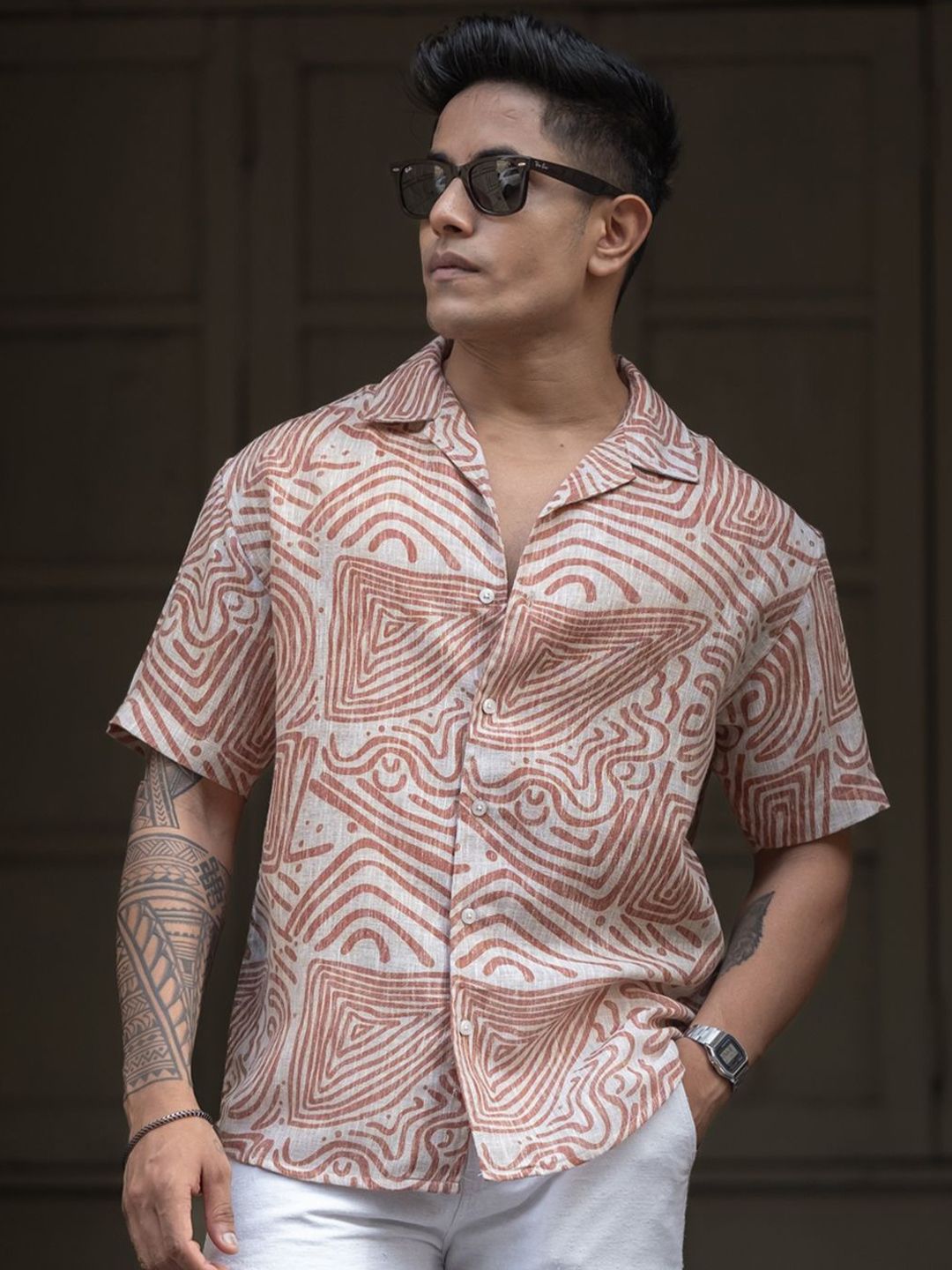Powerlook Men Cuban Collar Abstract Printed Oversized Casual Shirt