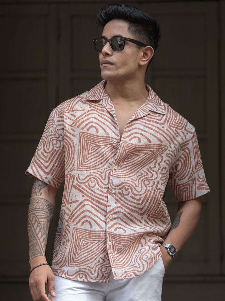 Powerlook Men Cuban Collar Abstract Printed Oversized Casual Shirt