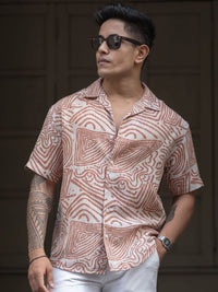 Powerlook Men Cuban Collar Abstract Printed Oversized Casual Shirt