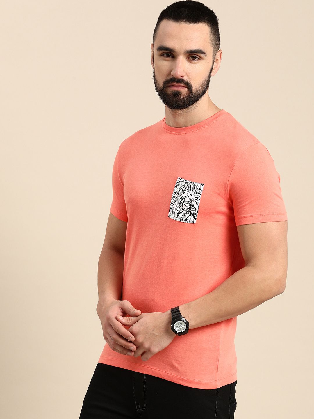 Being Human Solid Round Neck Pure Cotton T-shirt With Printed Chest Pocket