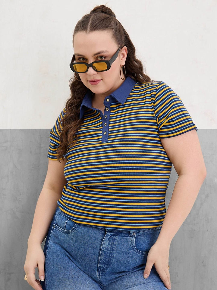 SASSAFRAS Curve Women Striped Polo Collar Pockets T-shirt