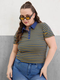 SASSAFRAS Curve Women Striped Polo Collar Pockets T-shirt