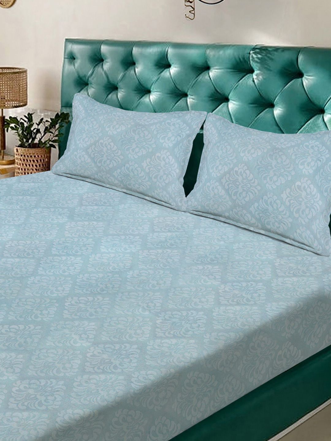 KLOTTHE Langit Biru Bunga Timbul Cetakan Dilengkapi Cadar King 400TC & 2 Sarung Bantal