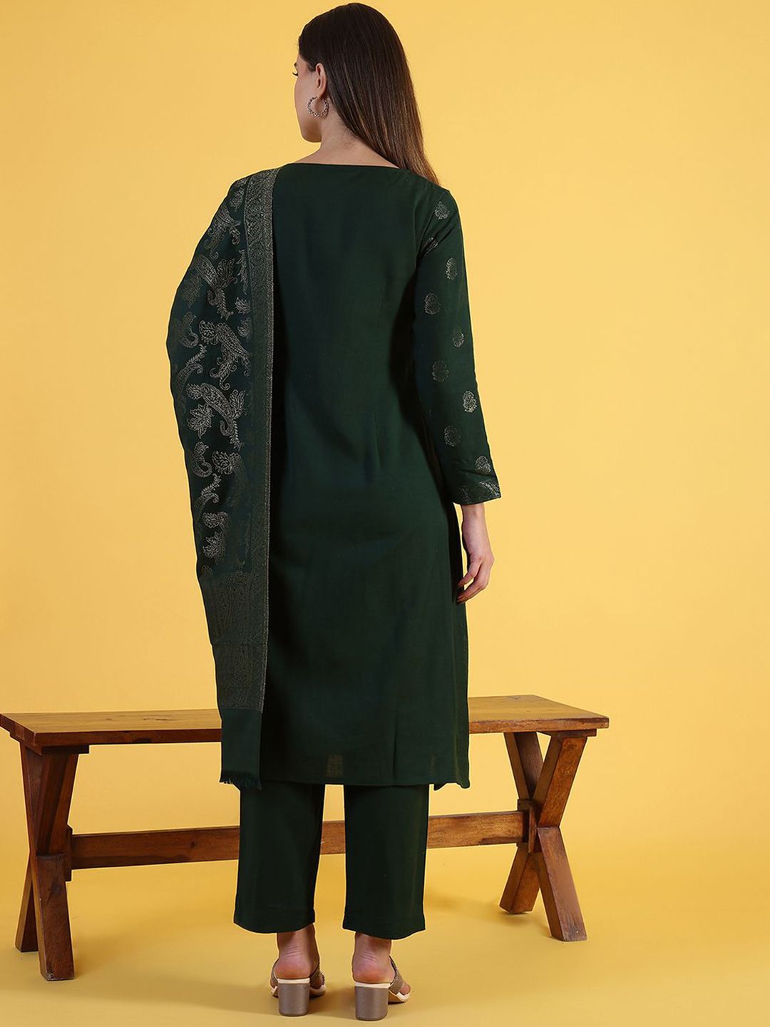 W Green Floral Embroidered Round Neck Straight Kurta With Trousers And Dupatta