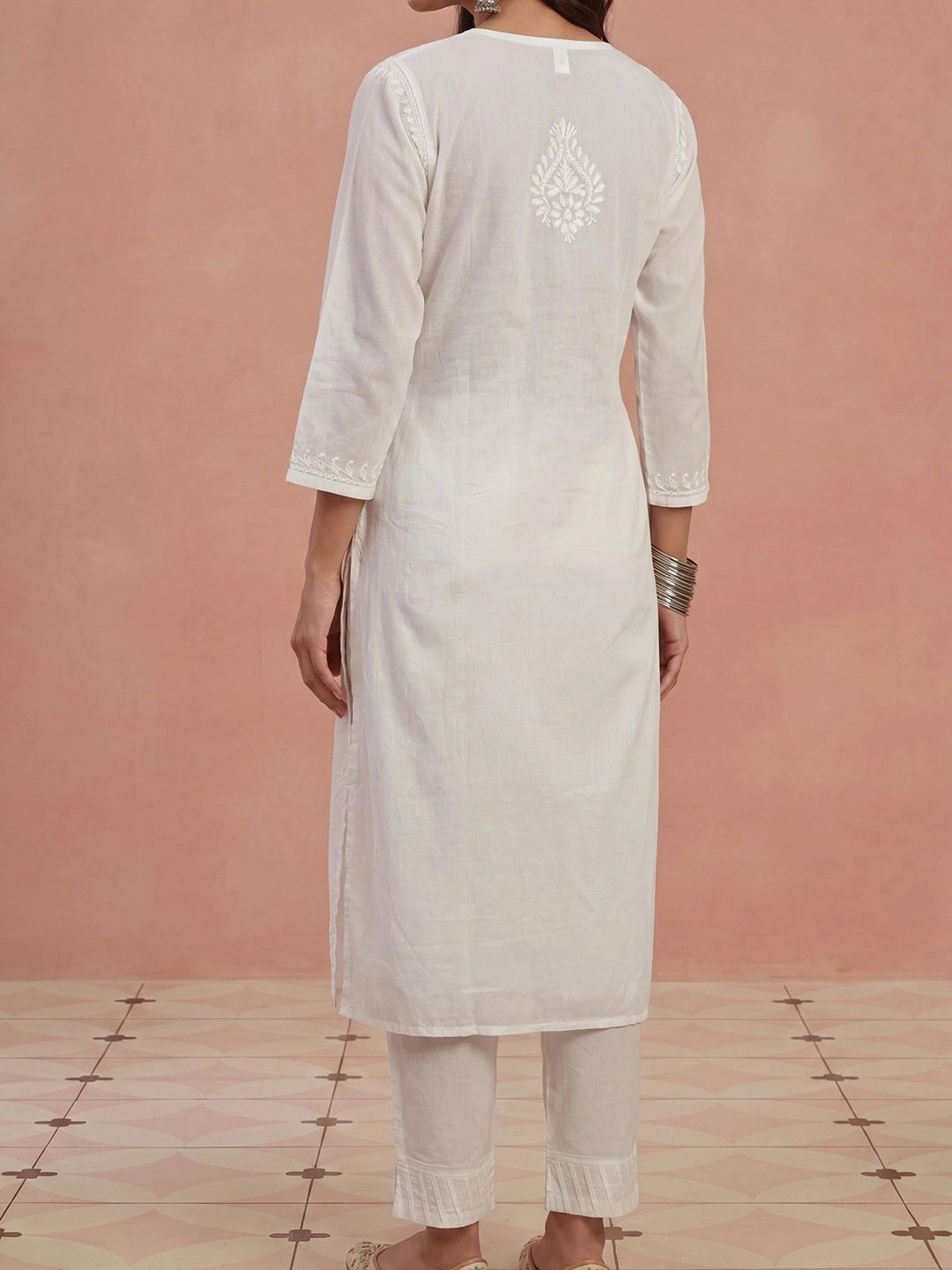 Rumah Wanita Chikankari Motif Etnik Benang Sulam Kerja Bayangan Kurta