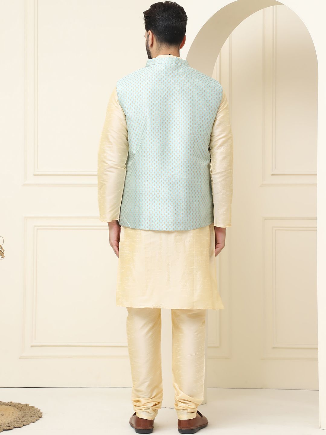 SOJANYA Mandarin Collar Silk Cotton Kurta With Churidar & Woven Design Nehru Jacket