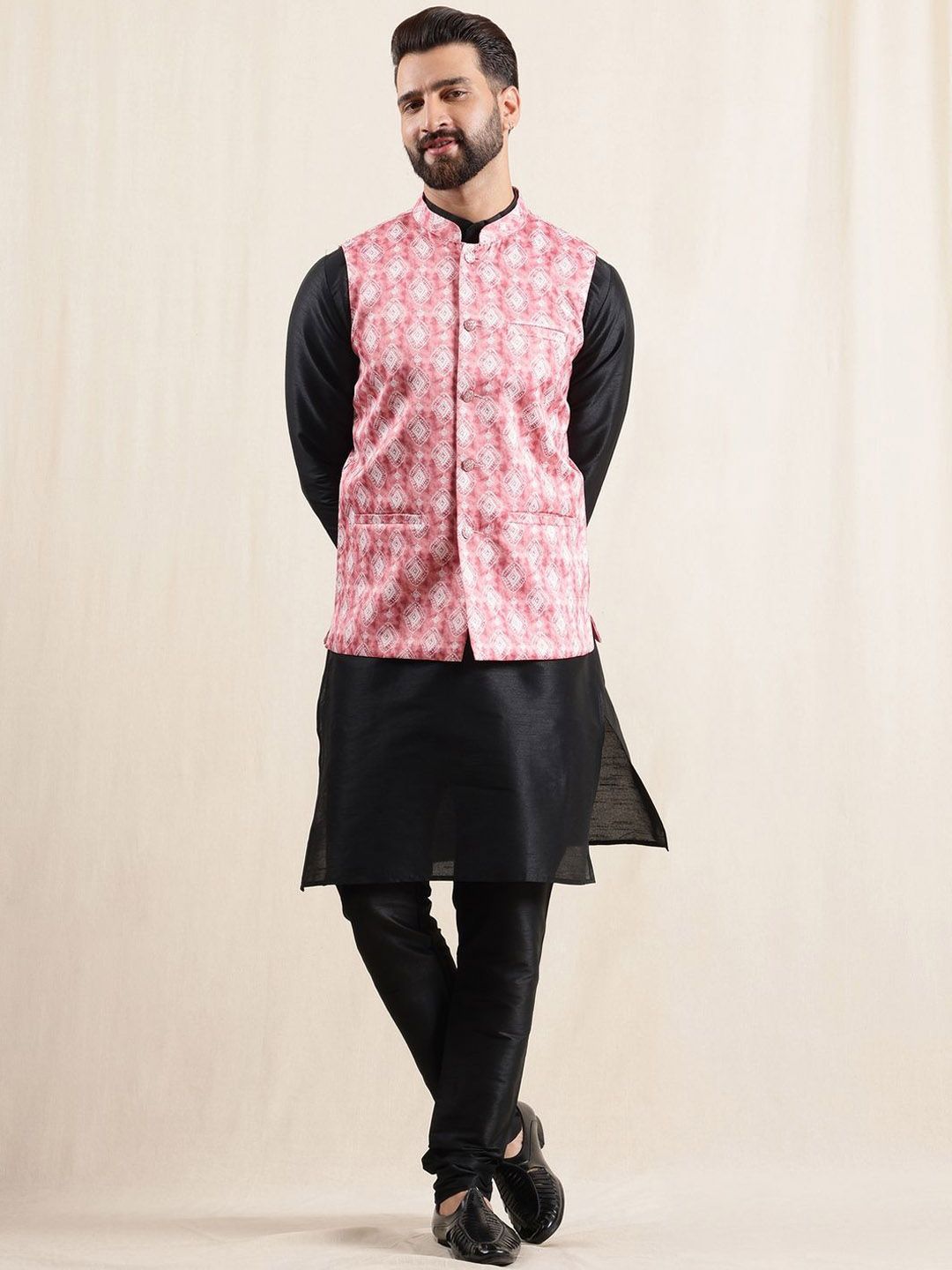 Anouk Men Mandarin Collar Kurta with Pyjamas with Nehru Jacket