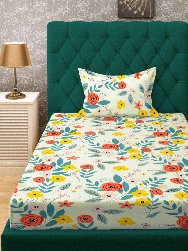 Myntra Elegant Homes White & Green Printed 300 TC Single Bedsheet Set 2.20 m x 1.50 m