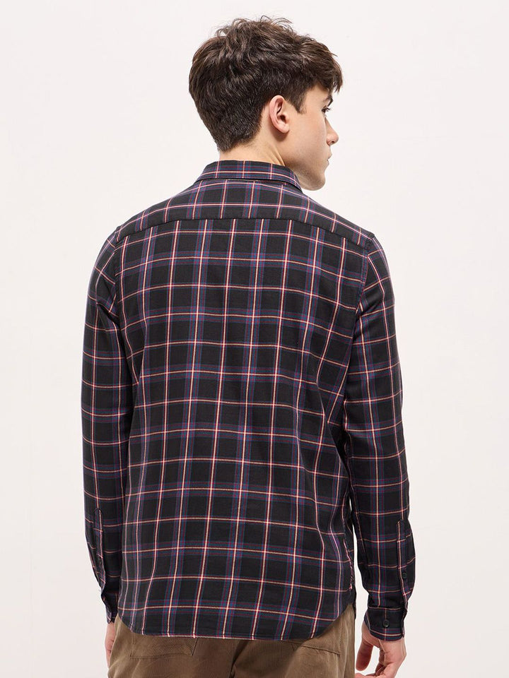 THE BEAR HOUSE Men Spread Collar Windowpane Checked Cotton Slim Fit Shirt