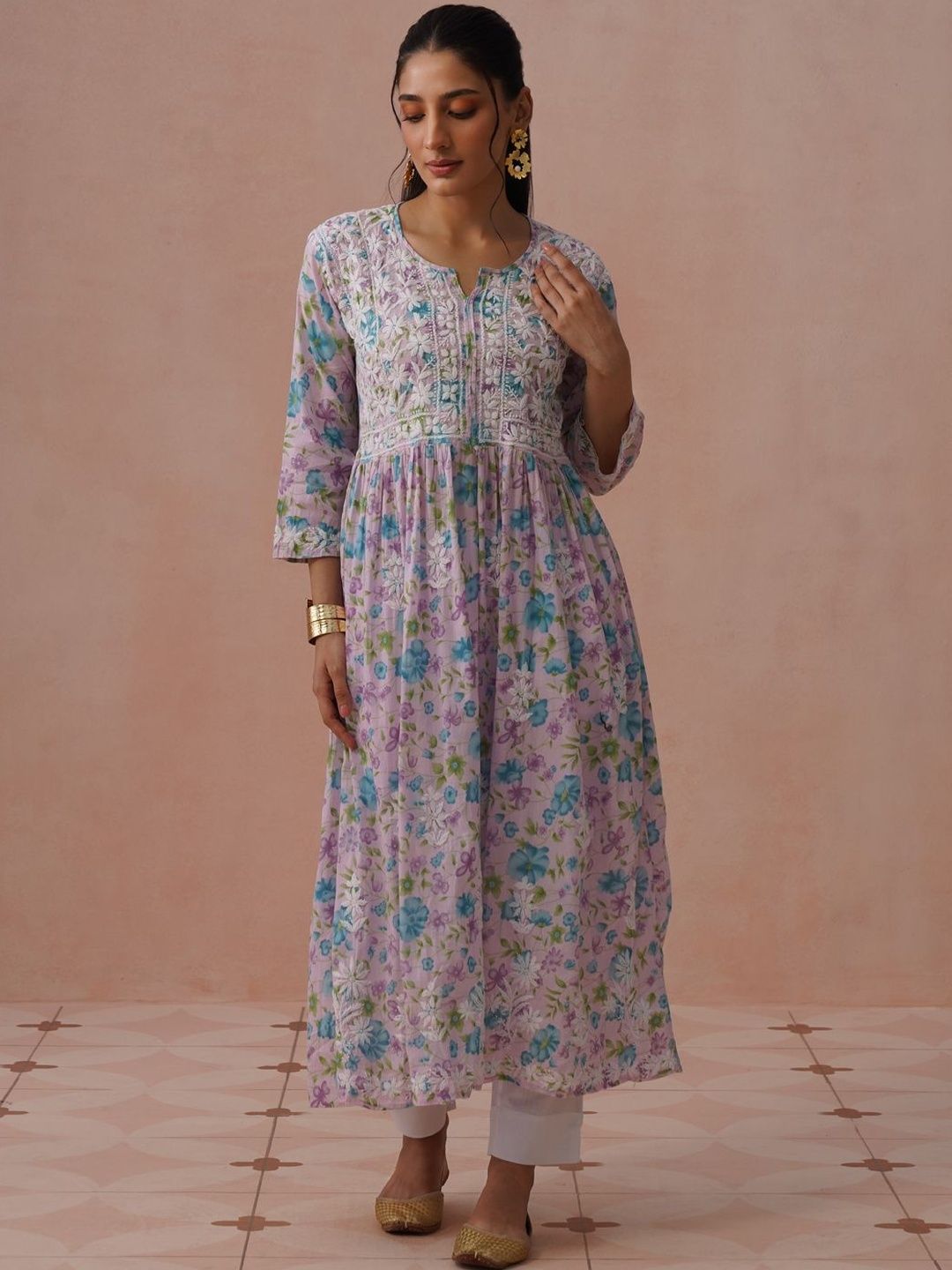 House of Chikankari Floral Print Bell Sleeve Maxi Dress