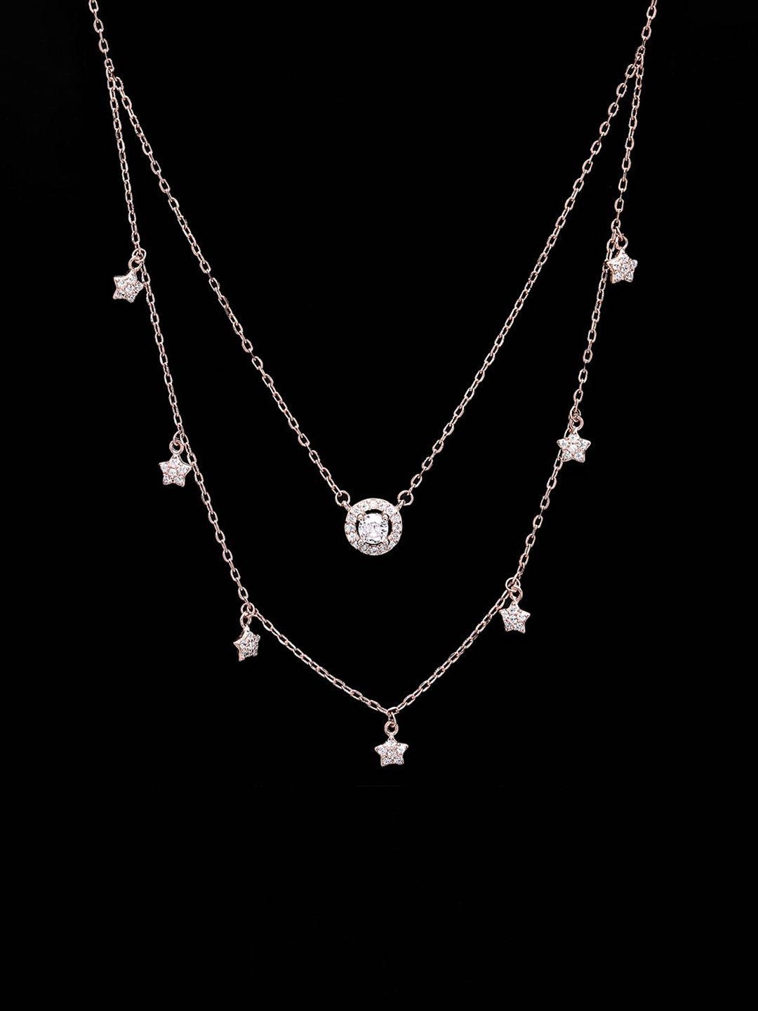 PANASH 925 Sterling Silver Rose Gold-Plated Layered CZ-Studded Solitaire Necklace