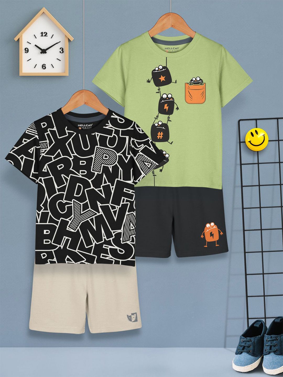HELLCAT Boys Pack of 2 Printed Round Neck T-Shirts With Shorts