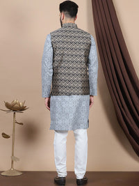 Anouk Geometric Printed Regular Pure Cotton Straight Kurta With Churidar & Nehru Jacket