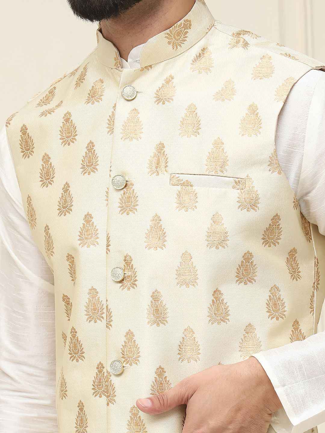 SOJANYA Mandarin Collar Silk Cotton Straight Kurta with Churidar & Nehru jacket
