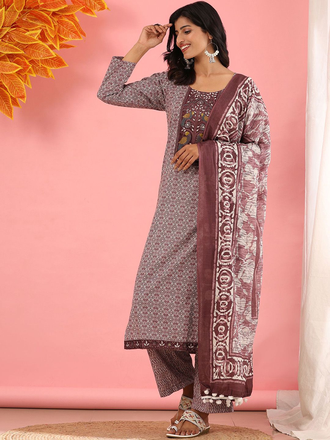 Mamicha Women Printed Regular Thread Work Pure Cotton Kurta with Palazzos & With Dupatta