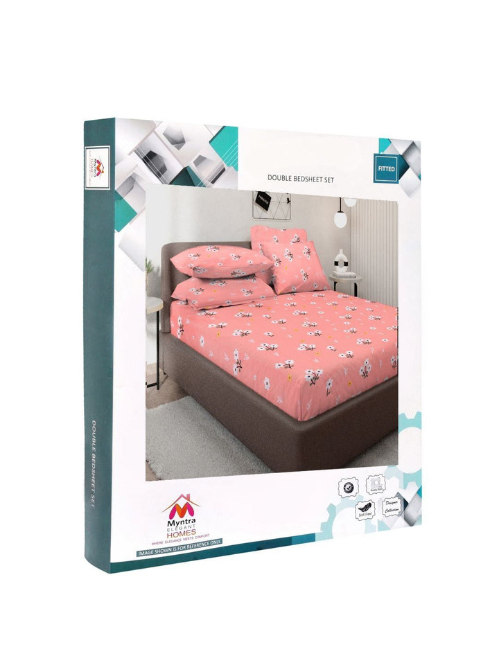Myntra Elegant Homes Orange & White Floral Printed Dilengkapi 300 TC King Bedsheet dengan 4 Sarung Bantal