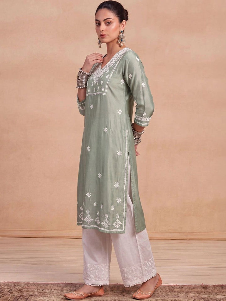 House of Chikankari Women Ethnic Motifs Embroidered Chikankari Chanderi Silk Kurta