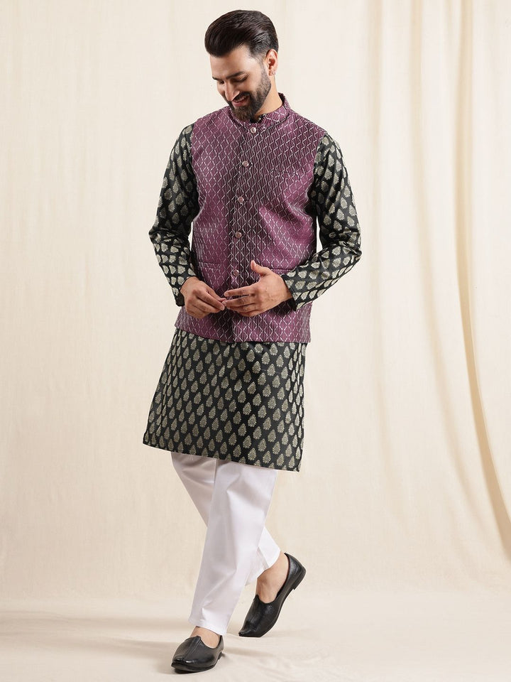 Anouk Geometric Printed Band Collar Straight Kurta With Pyjama And Nehru jacket