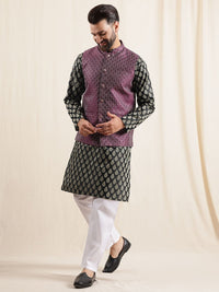 Anouk Geometric Printed Band Collar Straight Kurta With Pyjama And Nehru jacket
