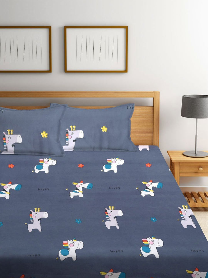 Myntra Elegant Homes Blue Conversational Polycotton 300 TC King Fine Bedsheet with a Pillow Cover-98 x 87 inches