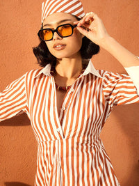 Pink Paprika by SASSAFRAS Women Striped Shirt Collar Cotton A-Line Midi Dress