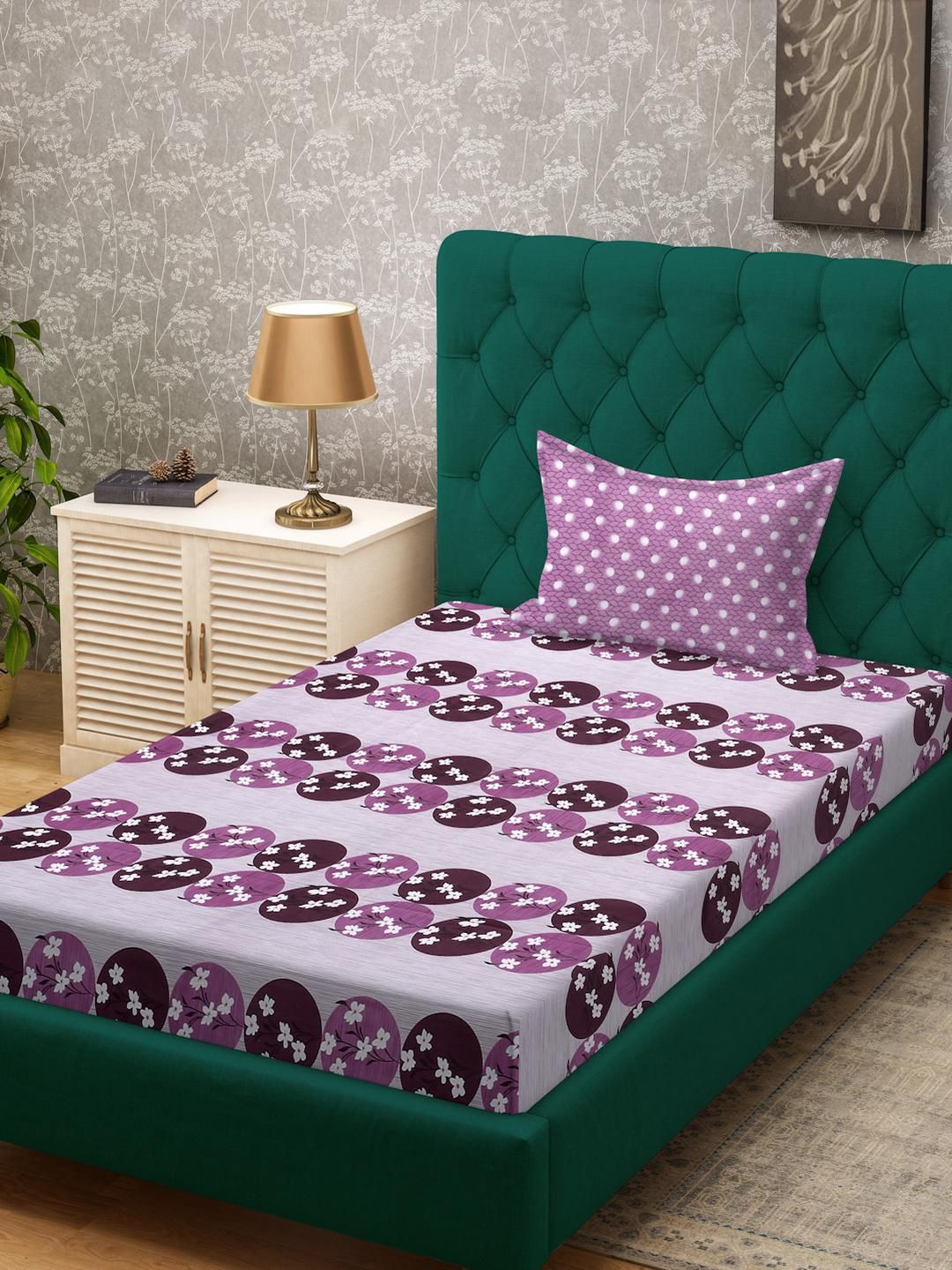 KLOTTHE Purple Floral Cotton Single Bedsheets