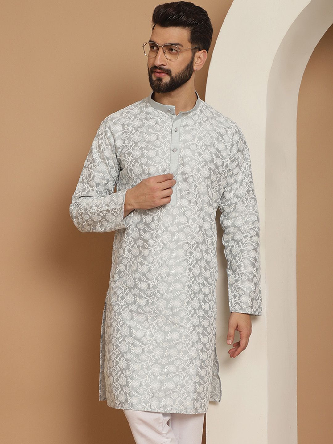 Anouk Men Grey Geometric Thread Work Pathani Kurta