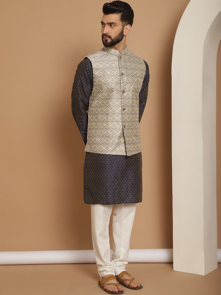 Anouk Embroidered Regular Thread Work Jacquard Silk Kurta With Churidar & Nehru Jacket