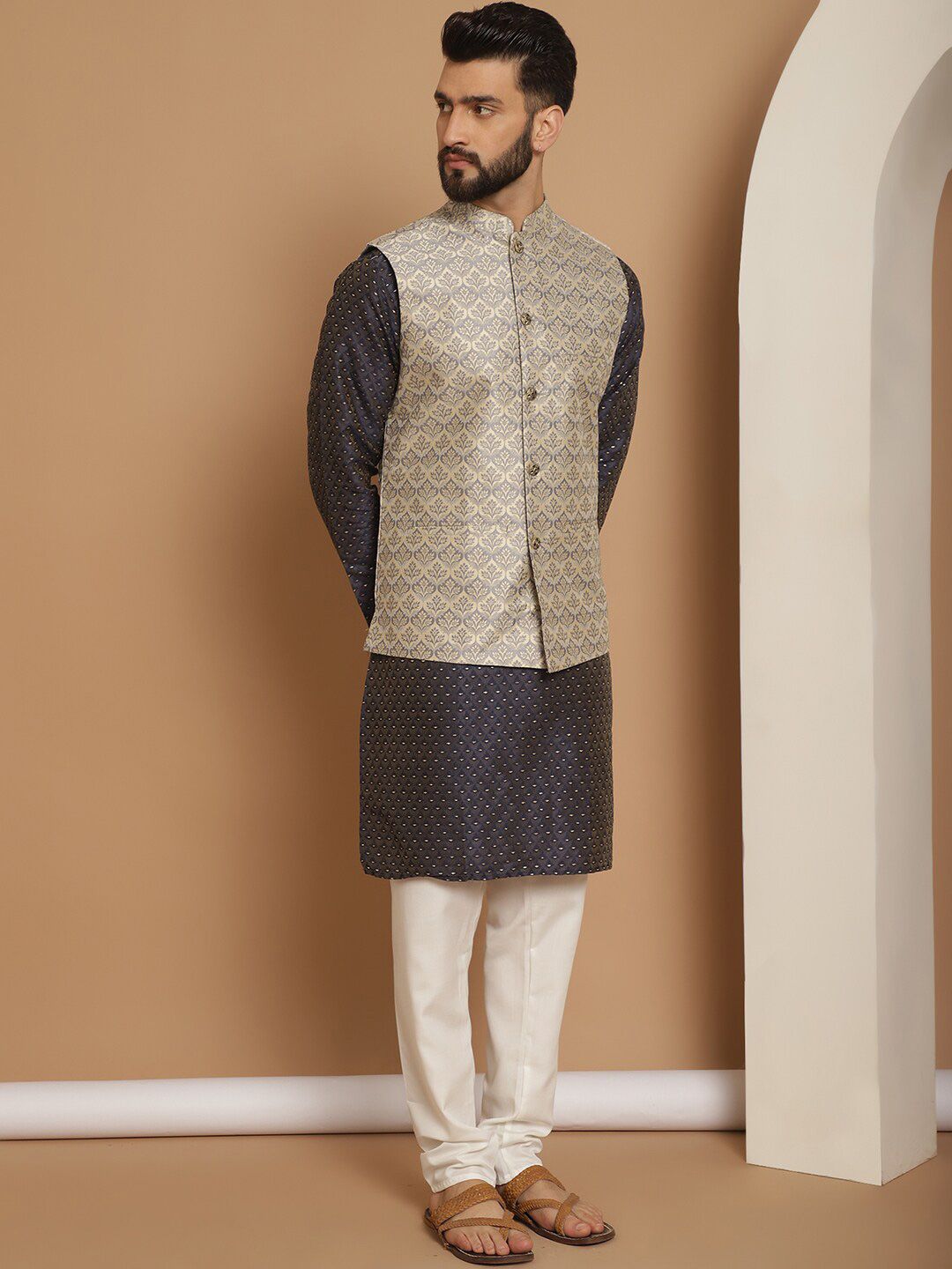 Anouk Embroidered Regular Thread Work Jacquard Silk Kurta With Churidar & Nehru Jacket