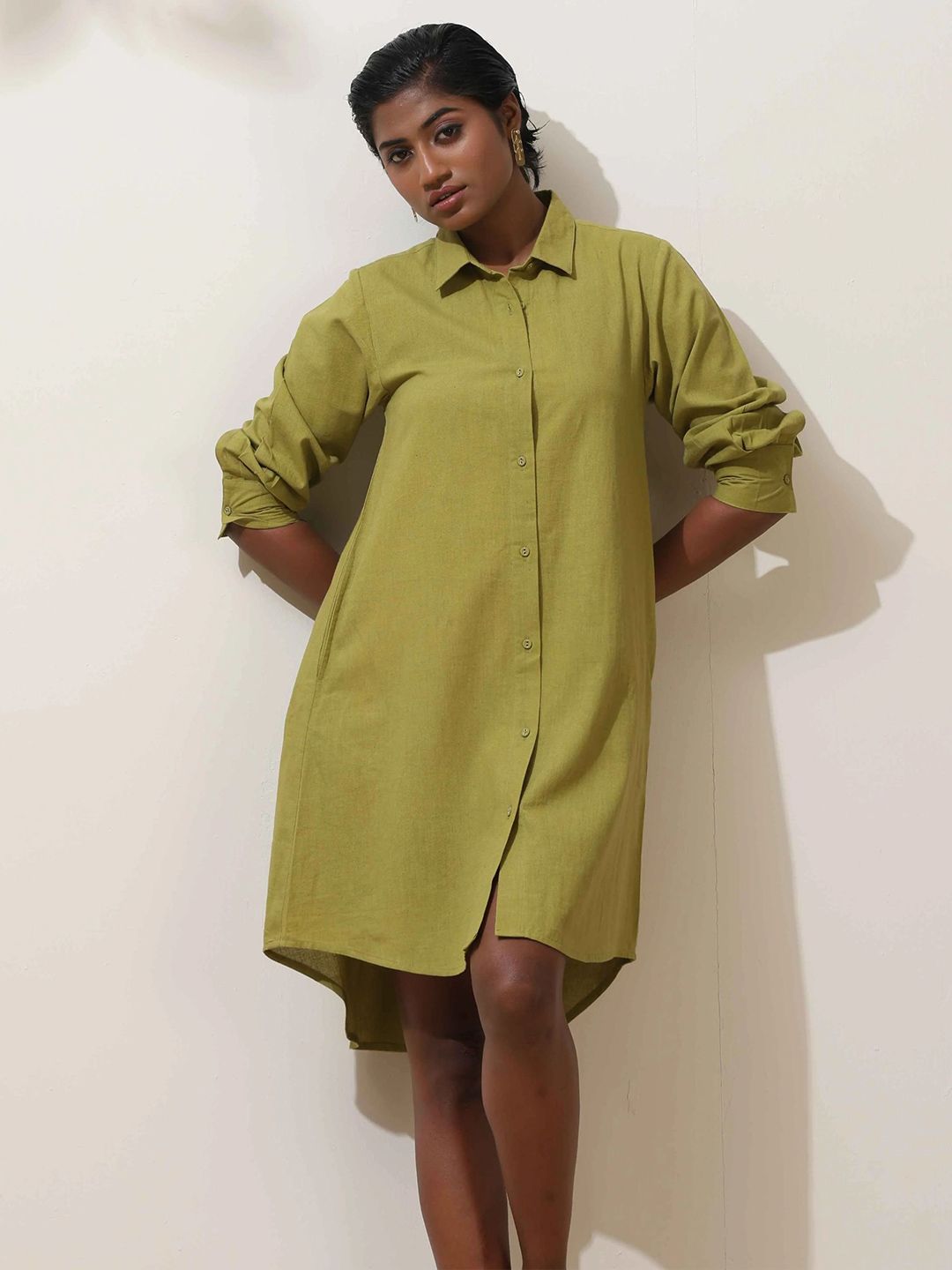 trueBrowns Women Pear Green Shirt Collar Cotton Shirt Dress