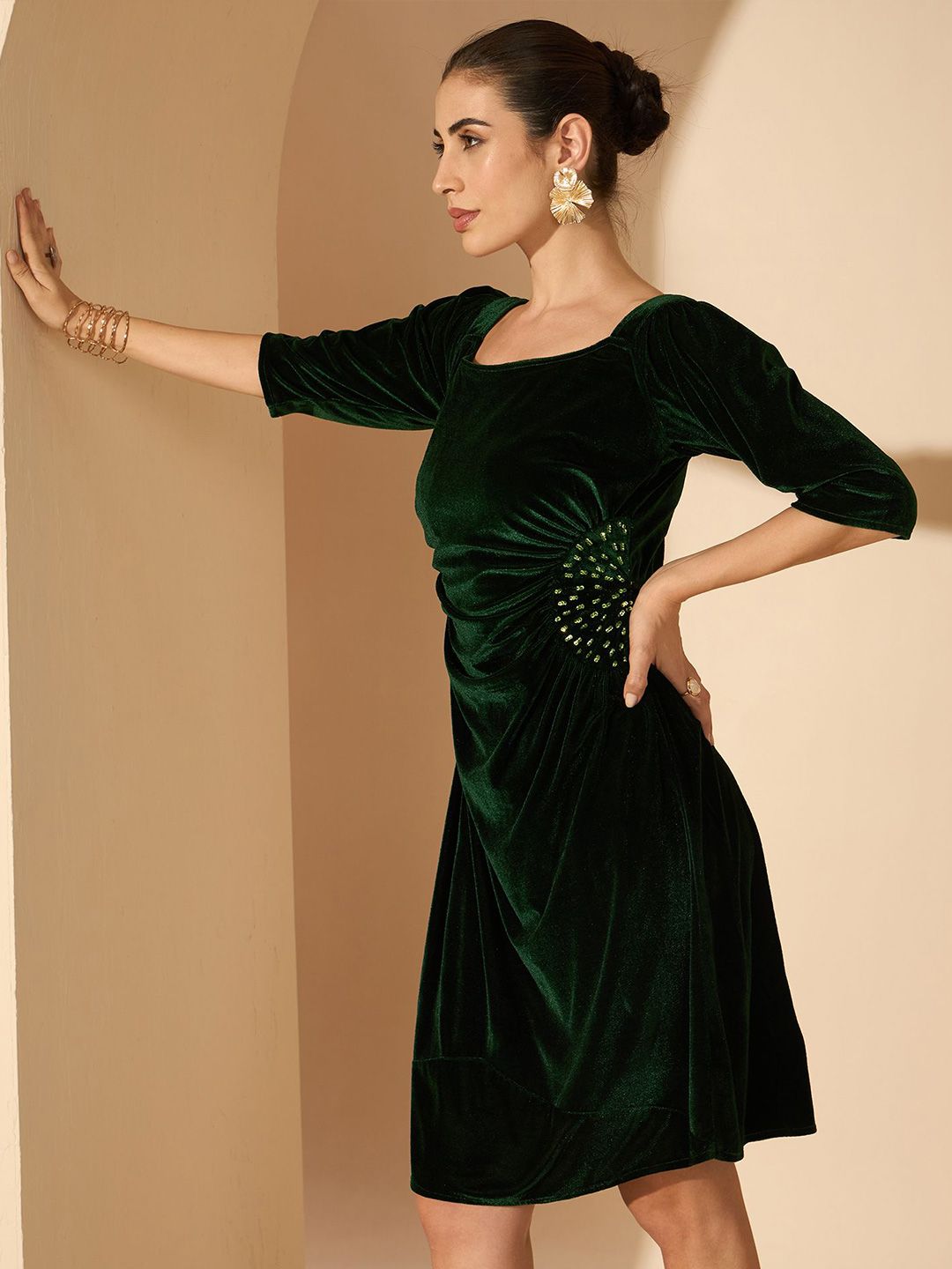 Antheaa Women Velvet embellished on the waist A-Line Dress