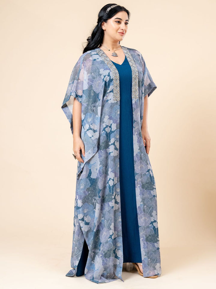 Mamicha Women Print Round Neck Kimono Sleeves Kaftan Maxi Dress