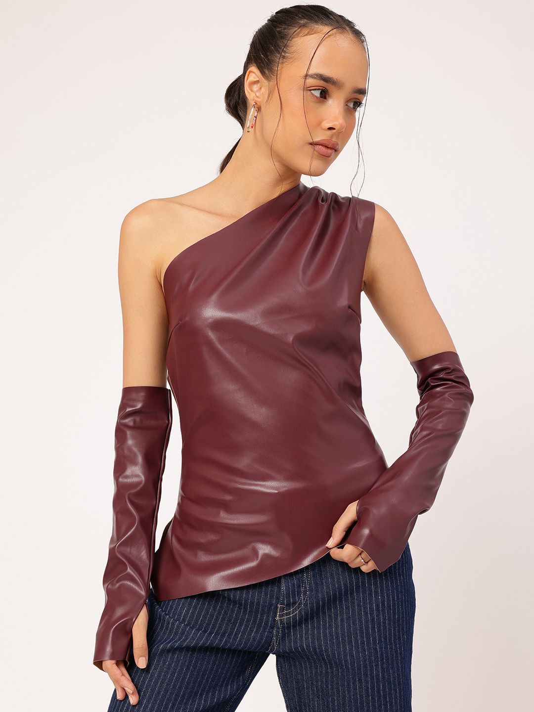 DressBerry Glossed-Up Faux Leather Asymmetric Top With Hand Gloves