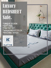 KLOTTHE Kelabu & Putih Bercetak Bunga Flat 300 TC Cadar Super King Dengan 2 Sarung Bantal