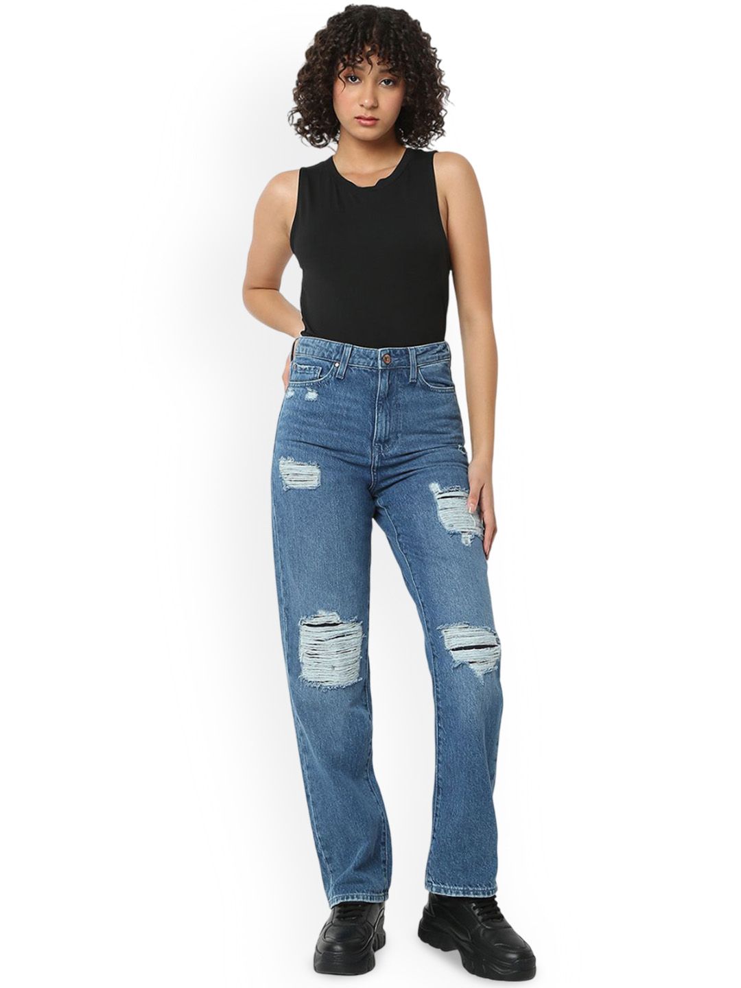 SPYKAR Women Straight Fit High-Rise Highly Distressed Heavy Fade Jeans
