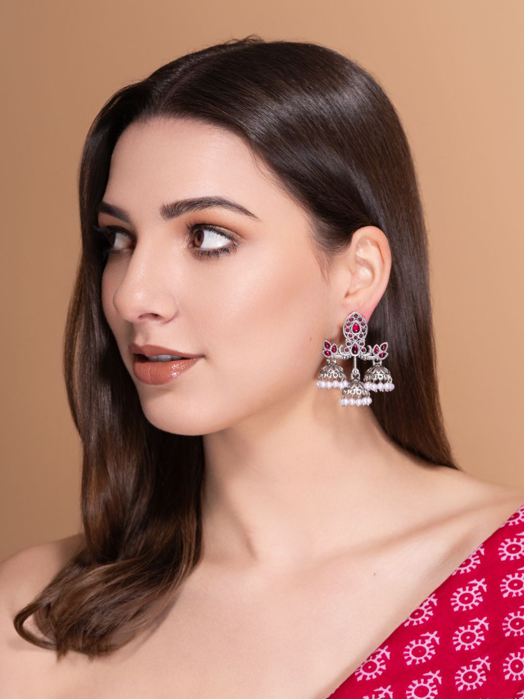 PANASH Silver Plated Stones Studded And Beaded Contemporary Oxidized Drop Earrings