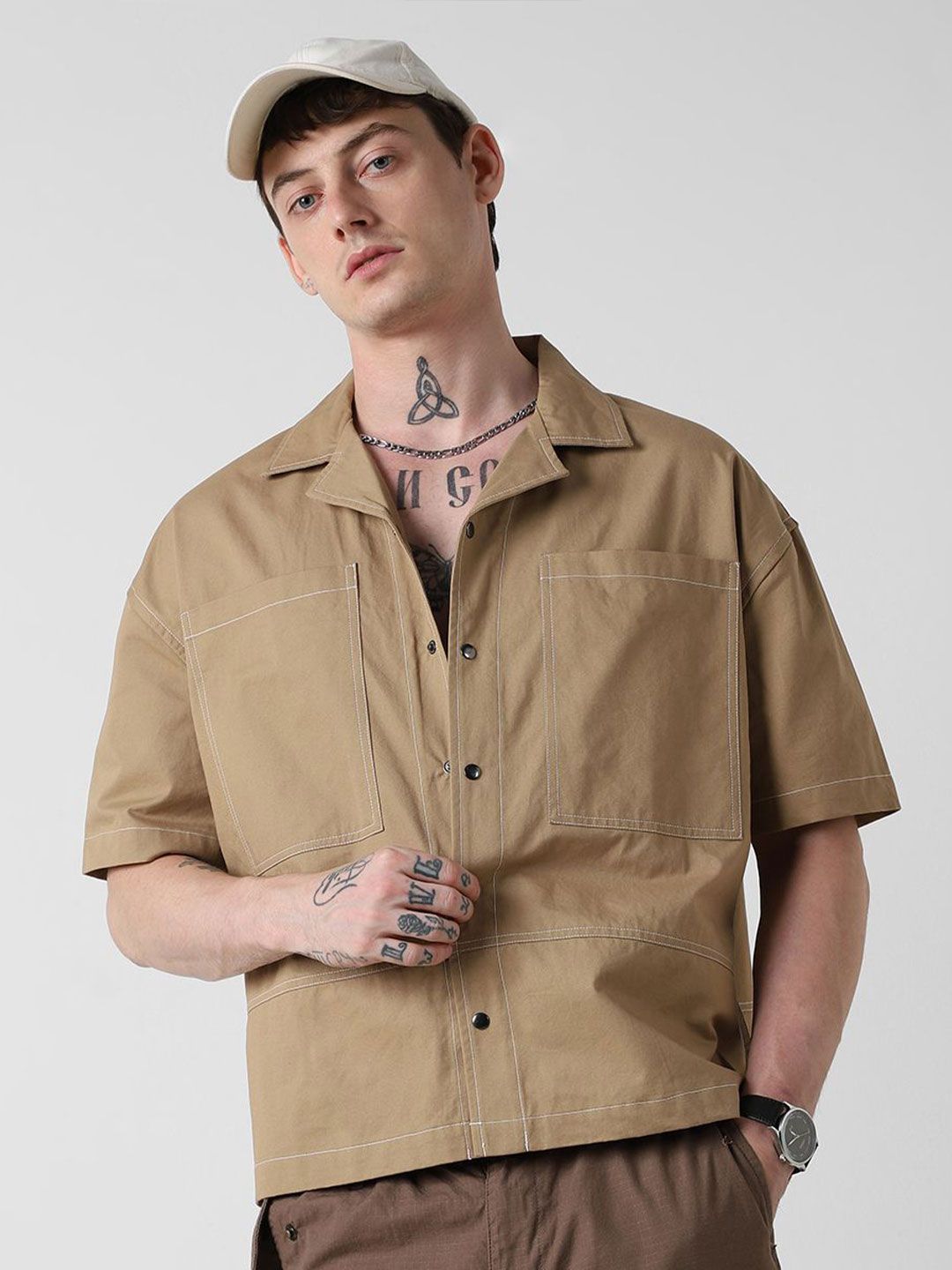 VASTRADO Men Classic Cuban Collar Solid Cotton Oversized Casual Shirt