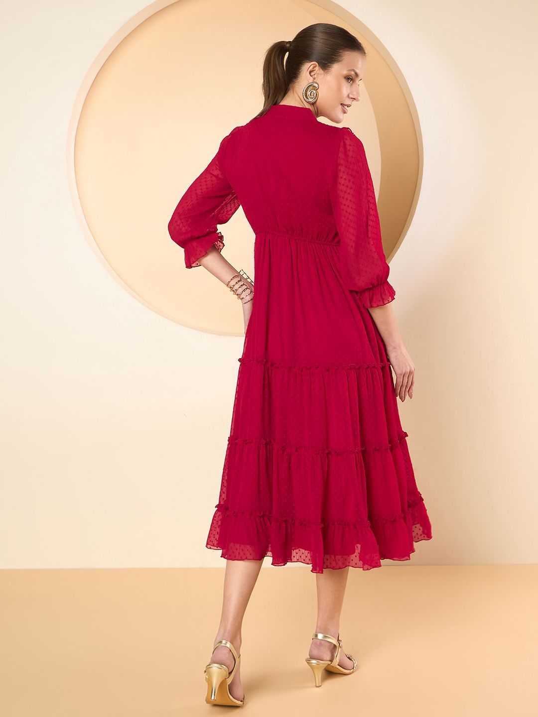 Antheaa Women Puff Sleeves Fit & Flare Midi Dress