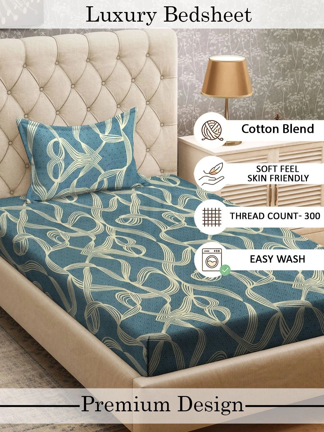 Myntra Elegant Homes Biru & Kuning 300 TC Cadar Tempat Tidur Single dengan 1 Sarung Bantal