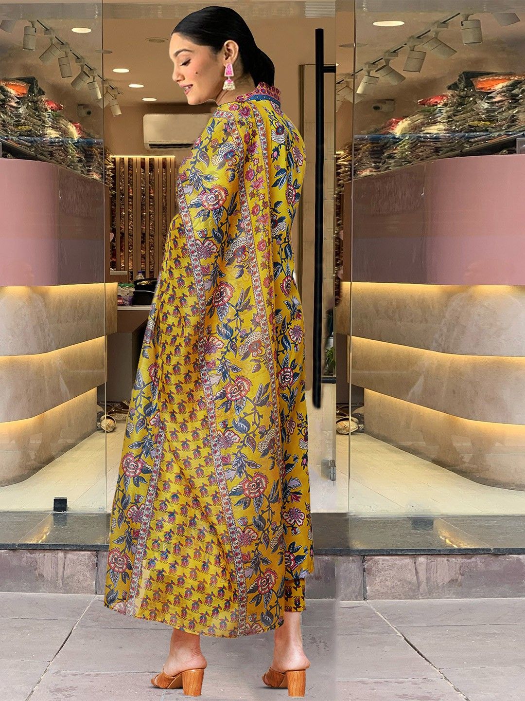 KALINI Floral Printed V-Neck Pleated A-Line Kurta With Palazzo And Dupatta