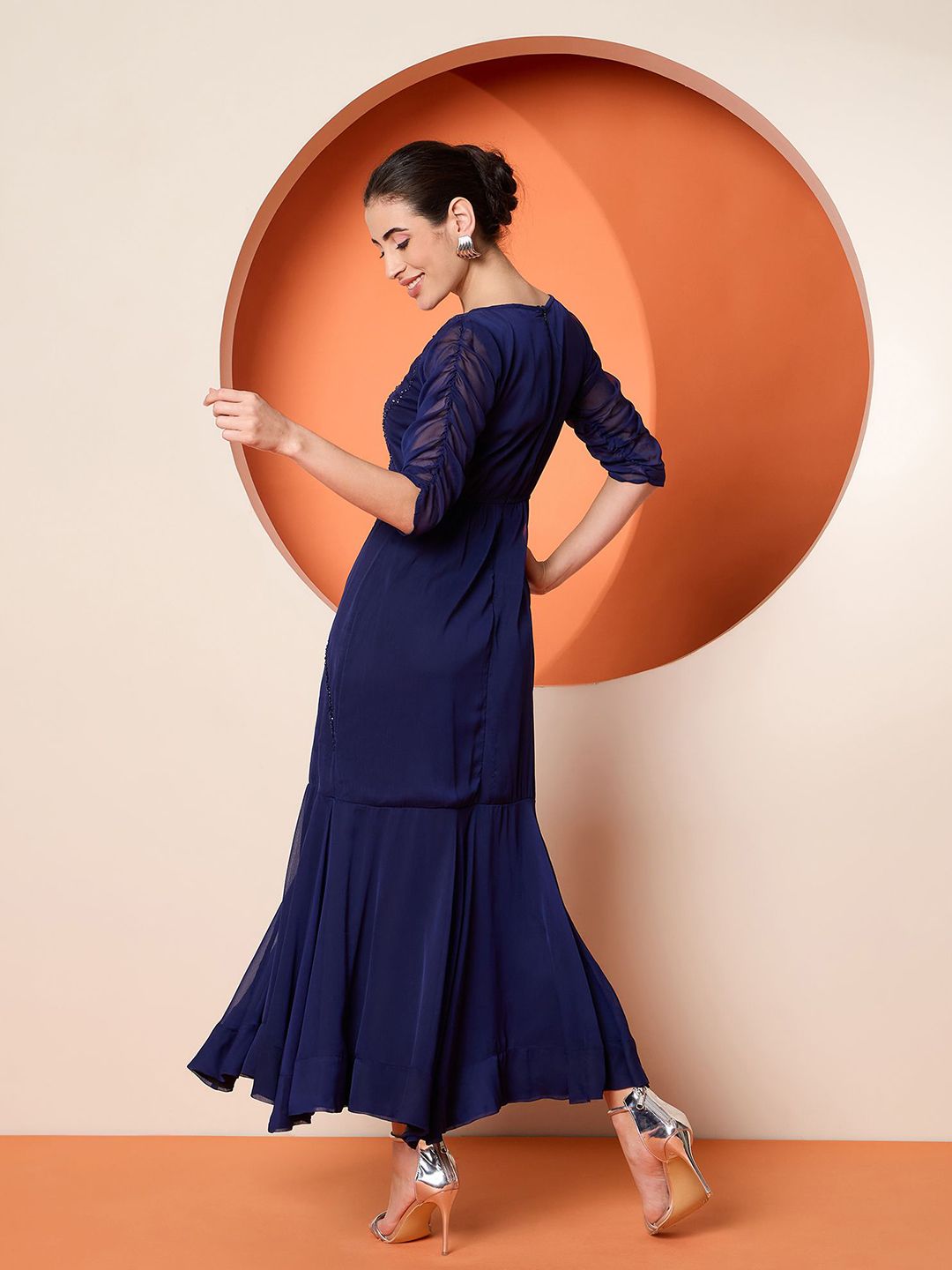 Antheaa Women Embellished Chiffon Three-Quarter Sleeves Maxi Dress